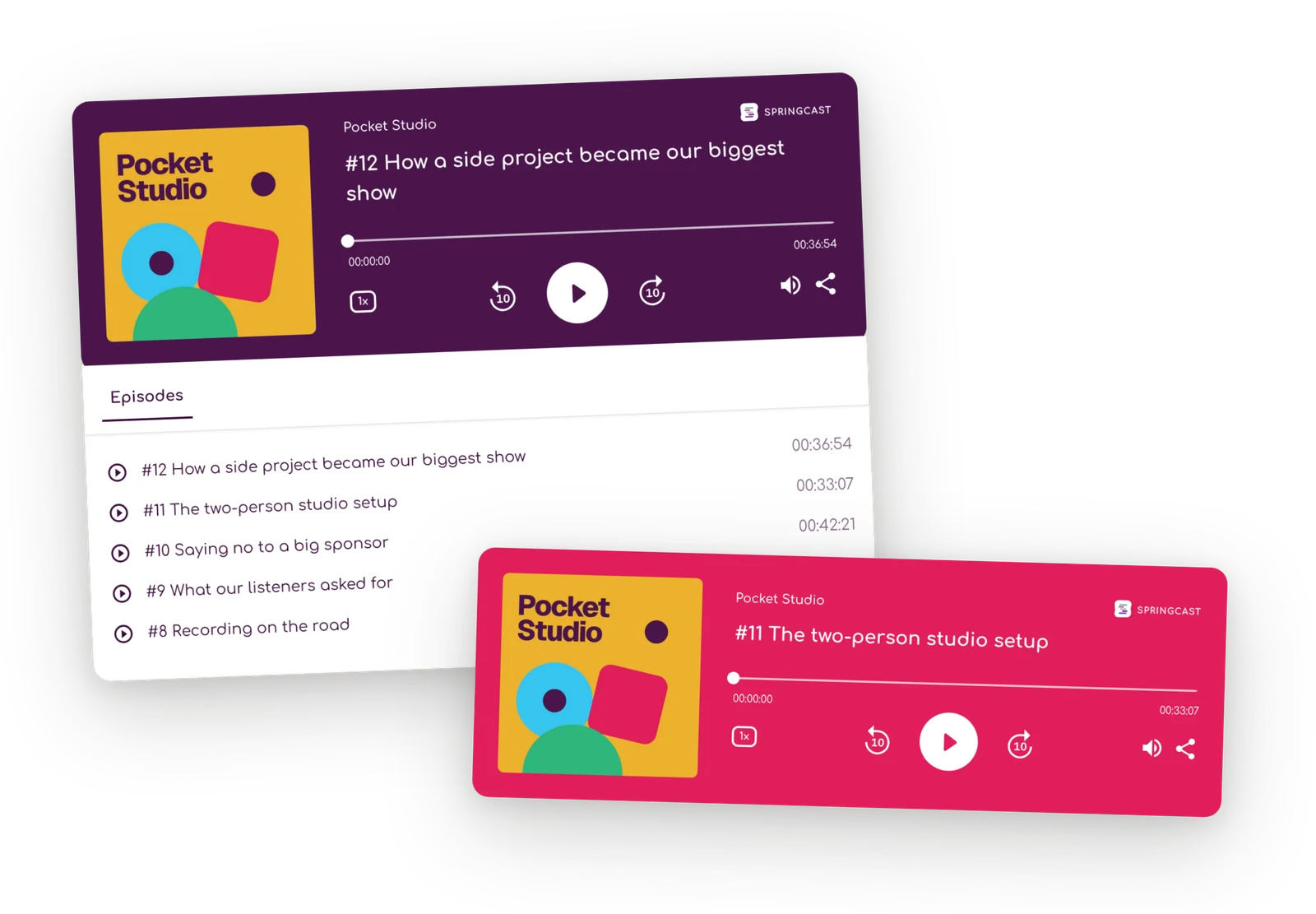 Two Springcast players for the fictional podcast Pocket Studio: a show player with its episode list in aubergine, and a single-episode player in red.
