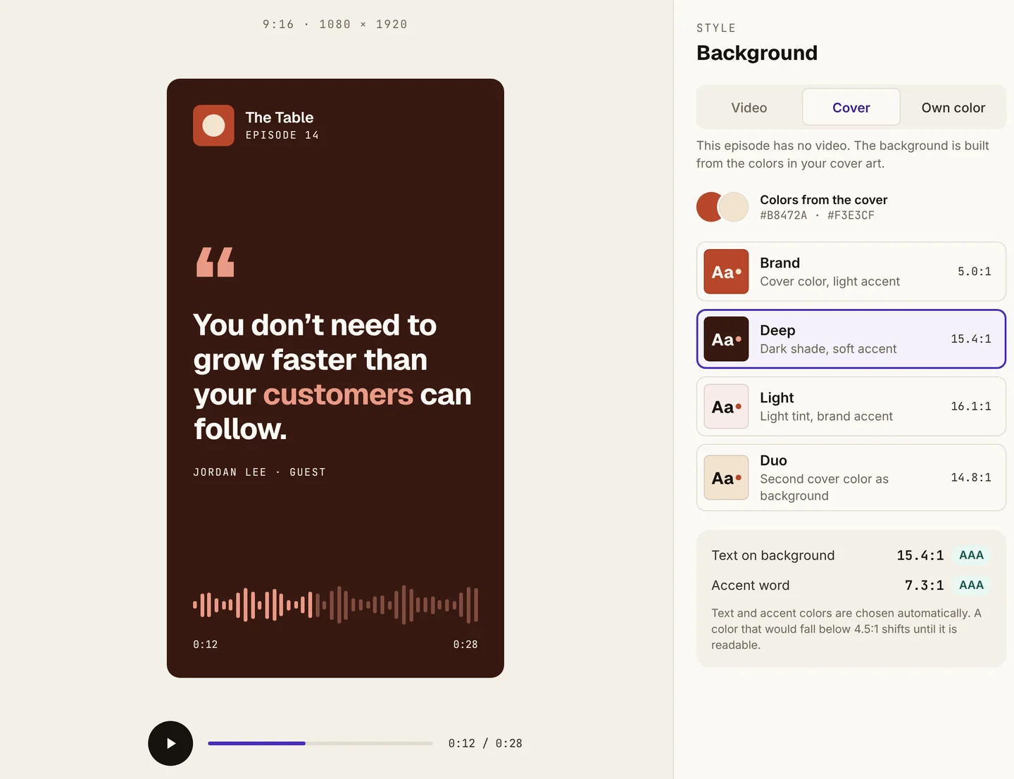 Snippet composer in the Springcast prototype: a 9:16 preview with a quote for the fictional podcast The Table, and four background styles built from its cover colors.