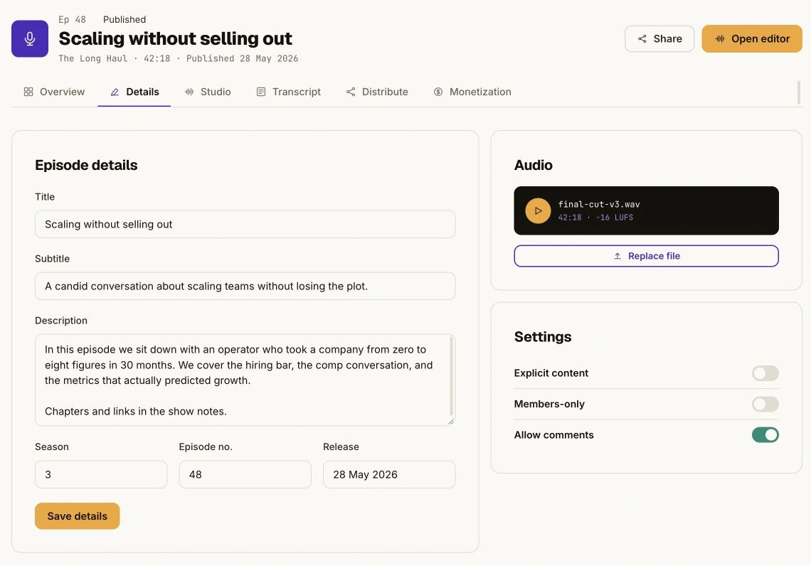 Lydfil, episodeoplysninger og udgivelsesdato i Springcast-prototypen.