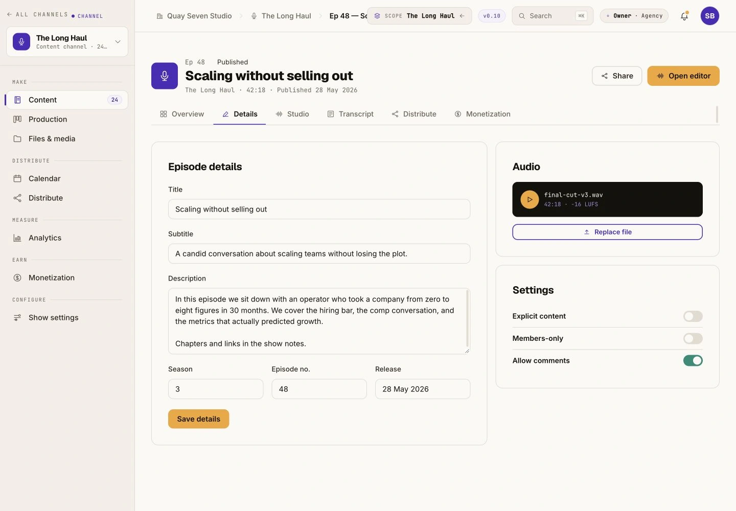 Lydfil, episodeoplysninger og udgivelsesdato i Springcast-prototypen.