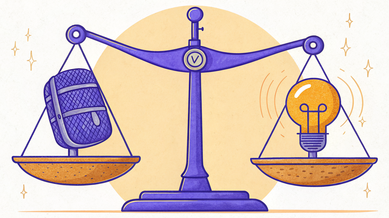 Illustration of a balance scale weighing a podcast microphone against a glowing lightbulb, representing comparing podcast hosting alternatives to choose the best fit