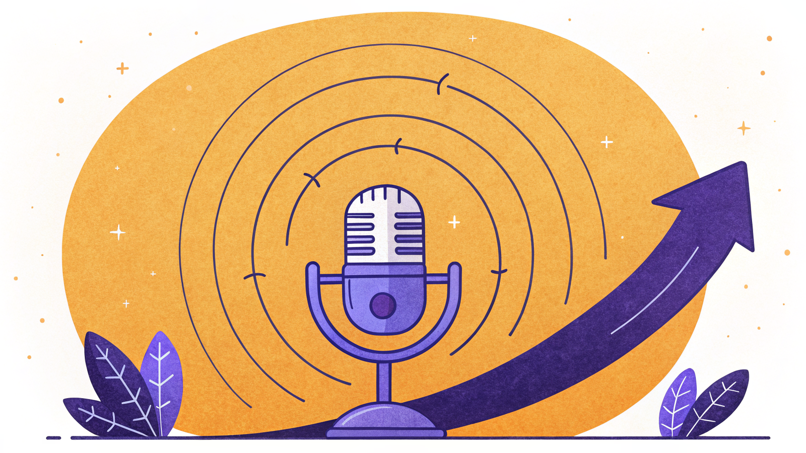 Illustration of a podcast microphone with concentric rings and an upward arrow, representing a podcast's rising return on investment