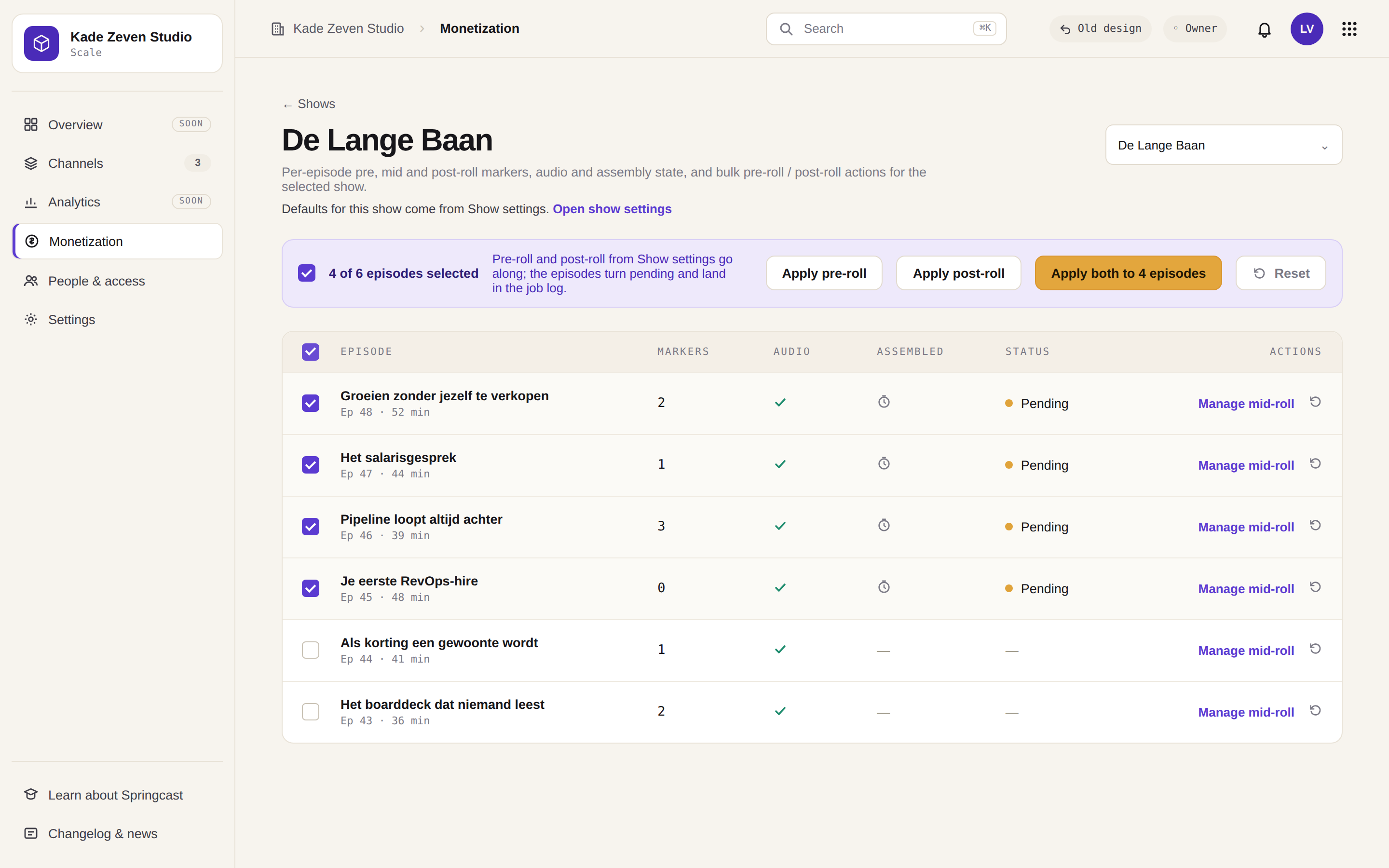 Bulk apply on the shows screen of a demo show, with a selection of episodes (demo data)