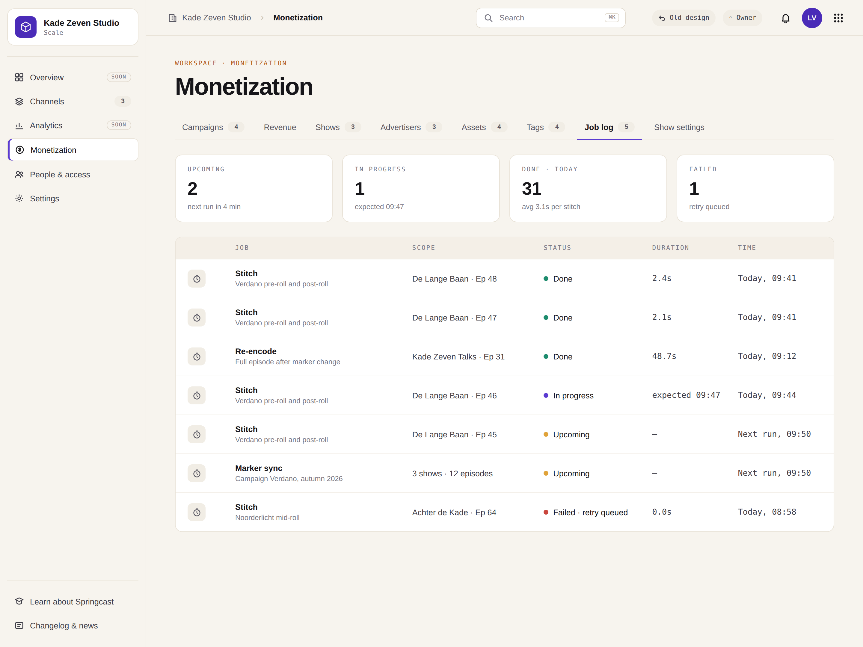The joblog of a demo workspace with upcoming, in-progress and done jobs