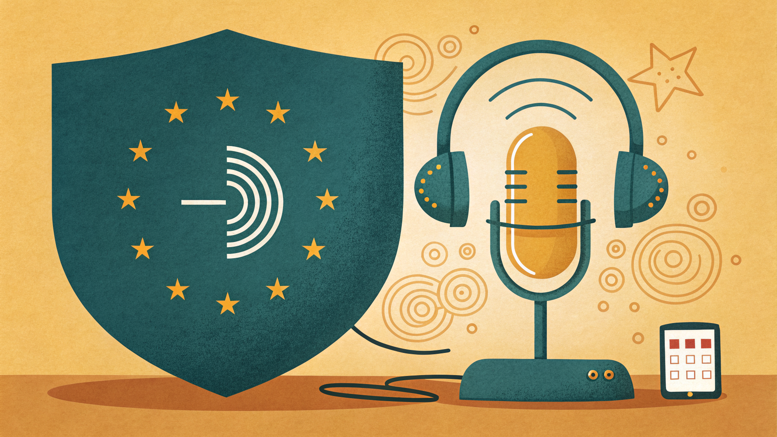 Illustration of the EU stars over a content and podcast stack with an AI label, representing EU AI Act transparency for AI-generated content