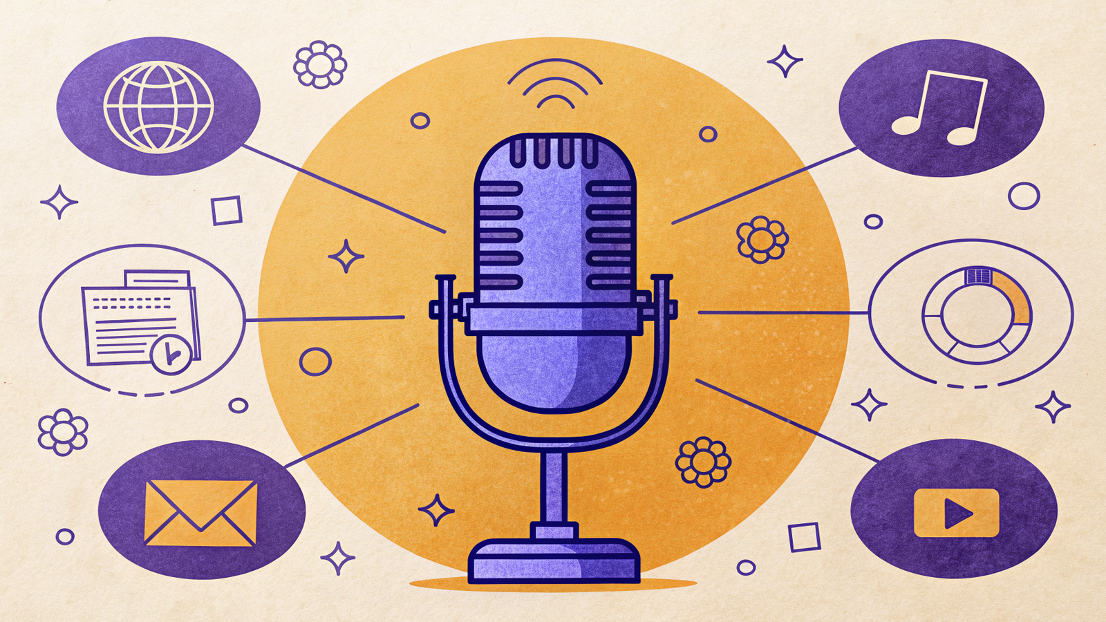 Illustration of a podcast microphone as a hub connected to channel icons, representing a podcast integrated into a wider content strategy