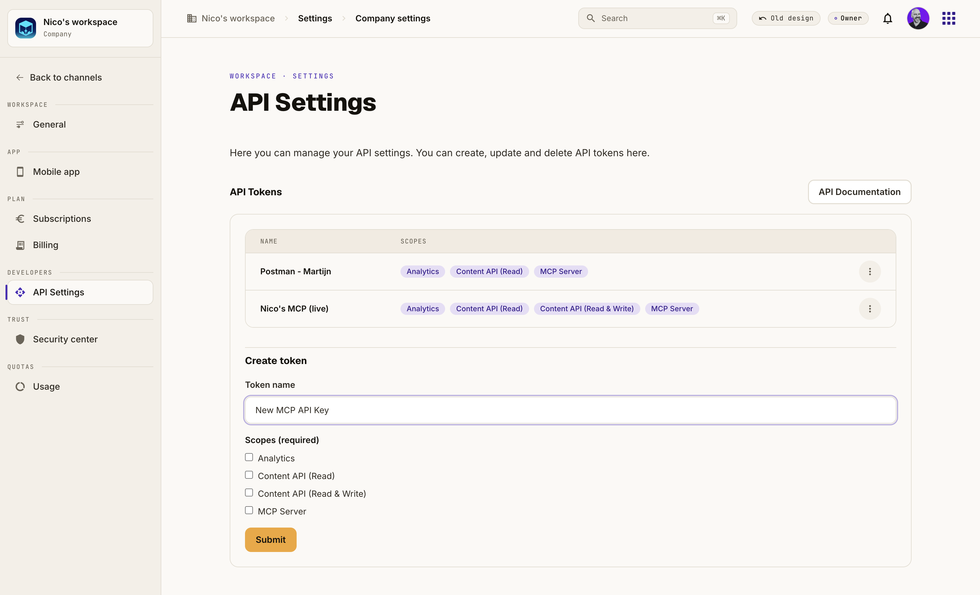 Siden API Settings i Springcast, hvor du opretter tokenet til forbindelsen og vælger, hvad det må læse