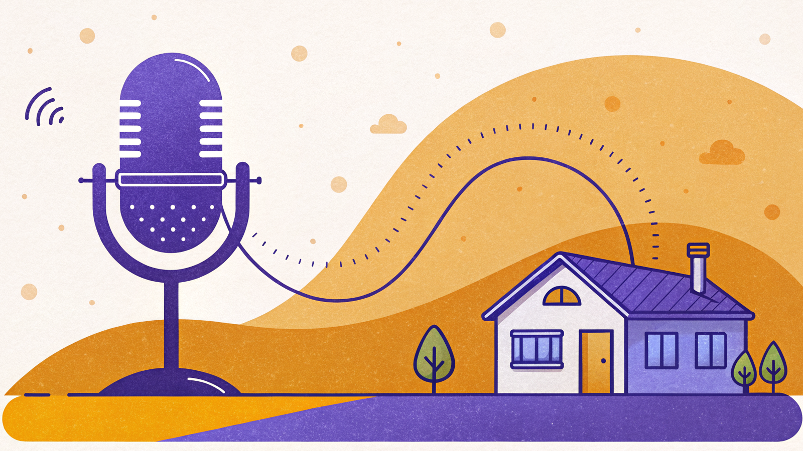 Illustration of a podcast microphone linked by a dotted path to a new house, representing migrating to a new host without losing your feed