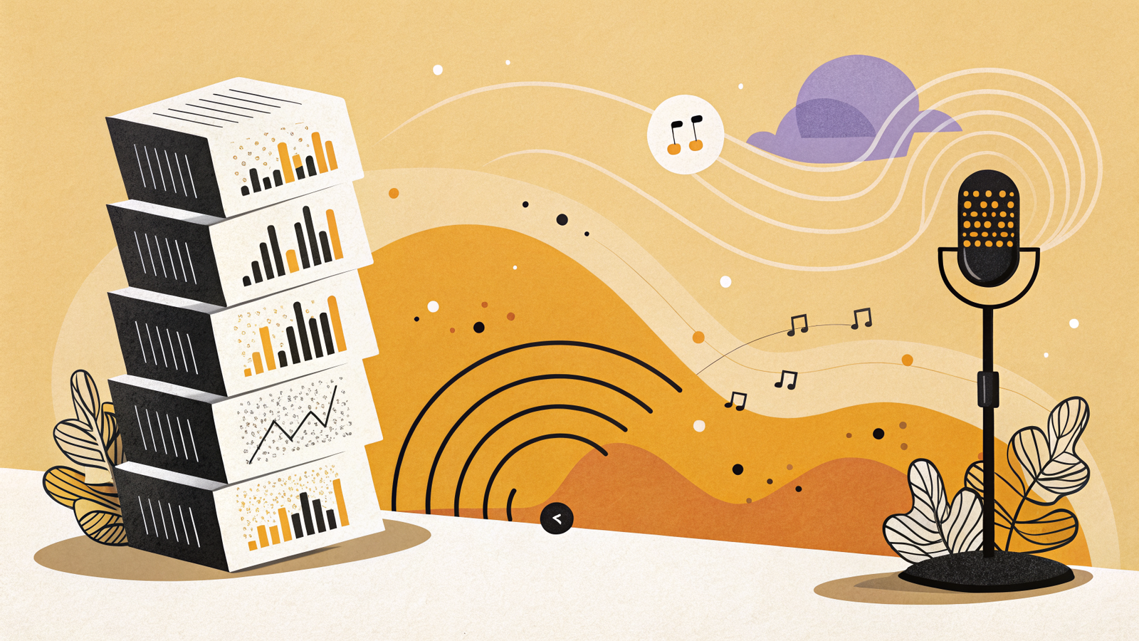 Illustration of a long shelf of old podcast episodes feeding coins into a single ad campaign, representing how to monetize old podcast episodes with dynamic ad insertion