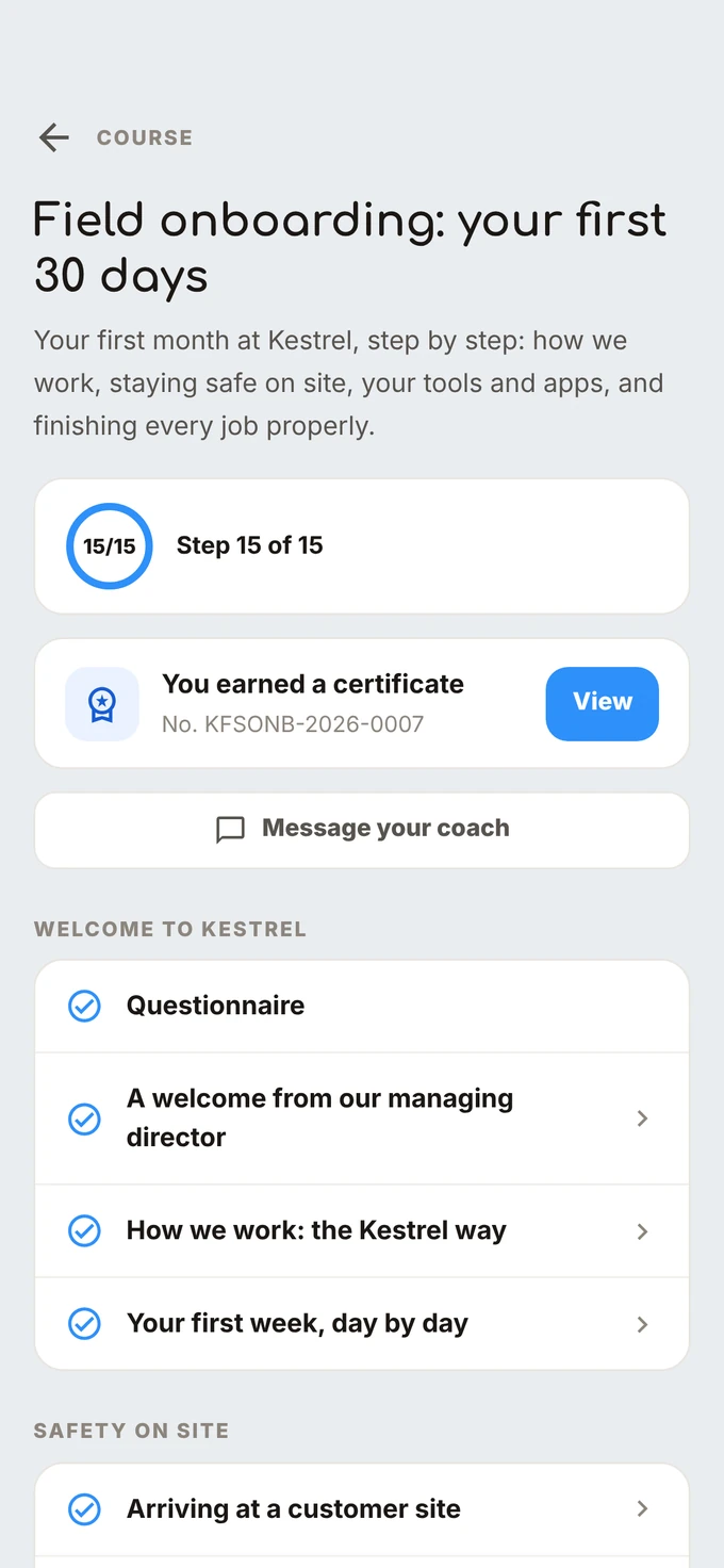 Course screen in Springcast Mobile after completion: step 15 of 15 and You earned a certificate, number KFSONB-2026-0007.