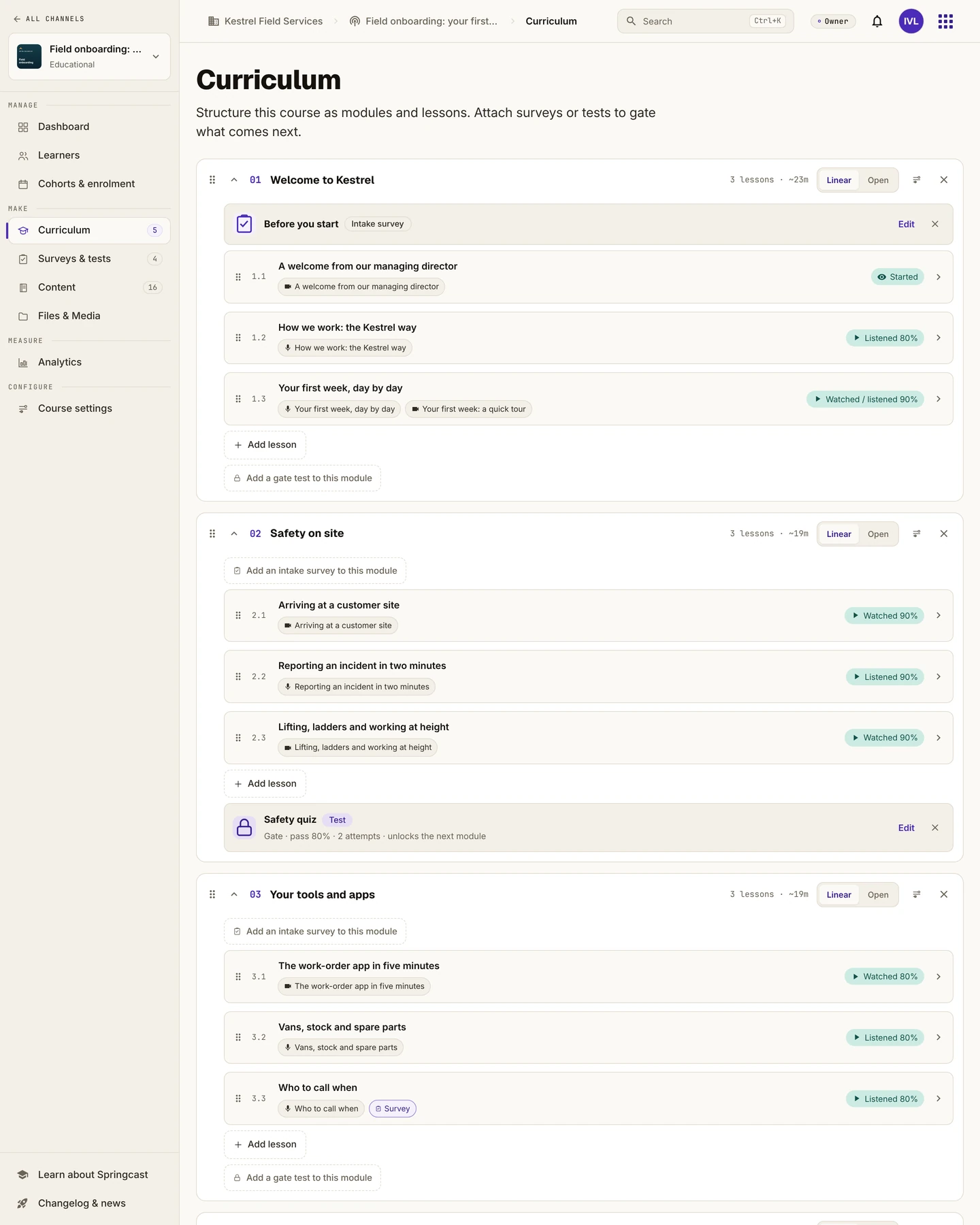 Curriculum builder in the Springcast platform: modules with audio and video lessons, an intake survey and a Safety quiz that unlocks the next module.