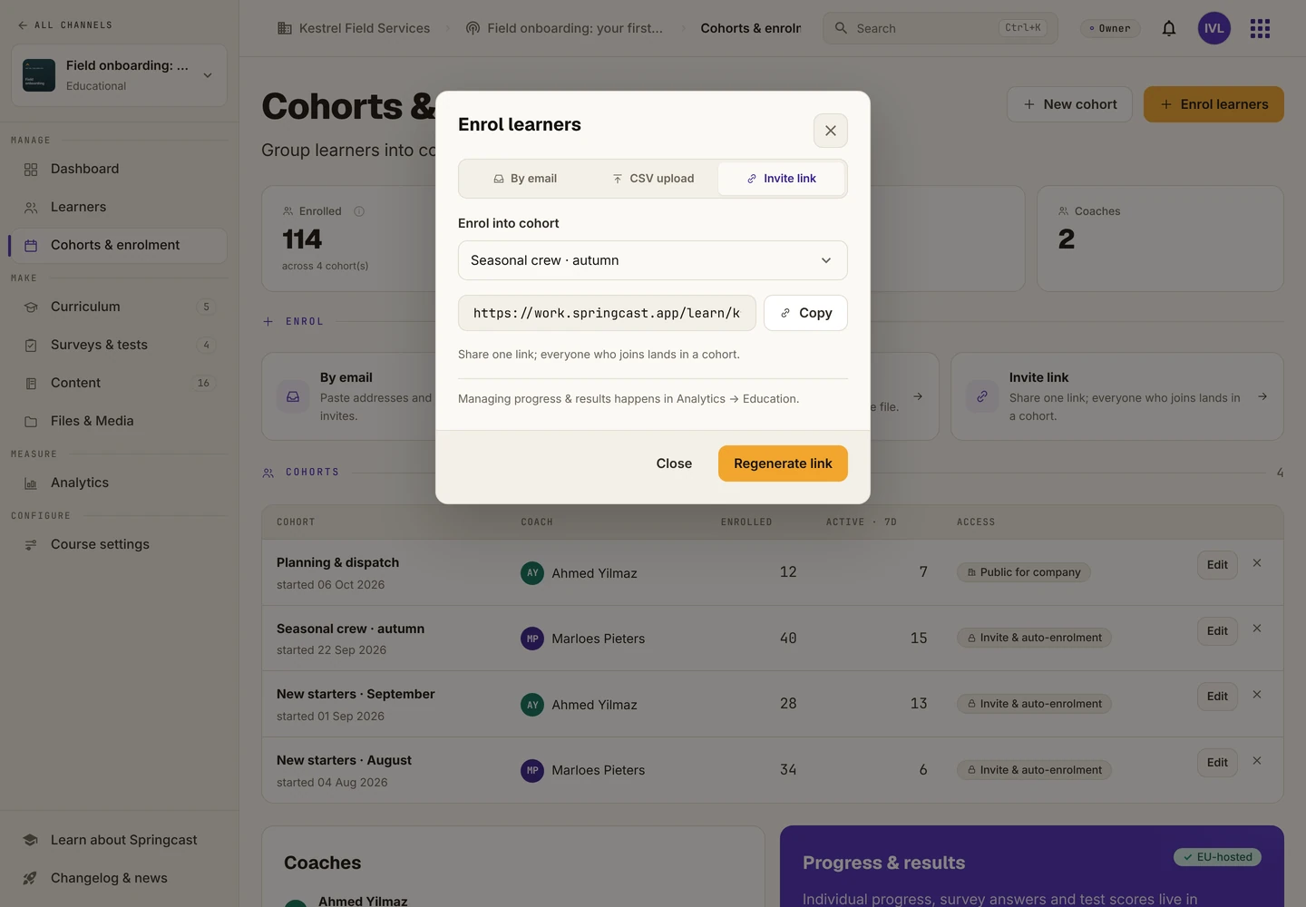 Enrol learners dialog with the options By email, CSV upload and Invite link, showing an invite link for the cohort Seasonal crew · autumn.