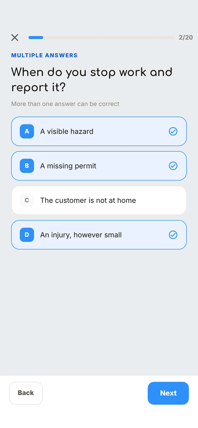 Quiz question in Springcast Mobile: When do you stop work and report it? Multiple answers, question 2 of 20.