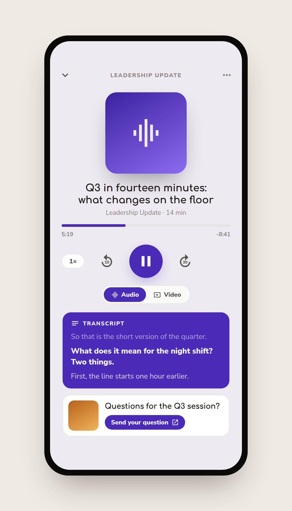 De speler op één aflevering: het meelopende transcript, de schakelaar audio/video en één call-to-action