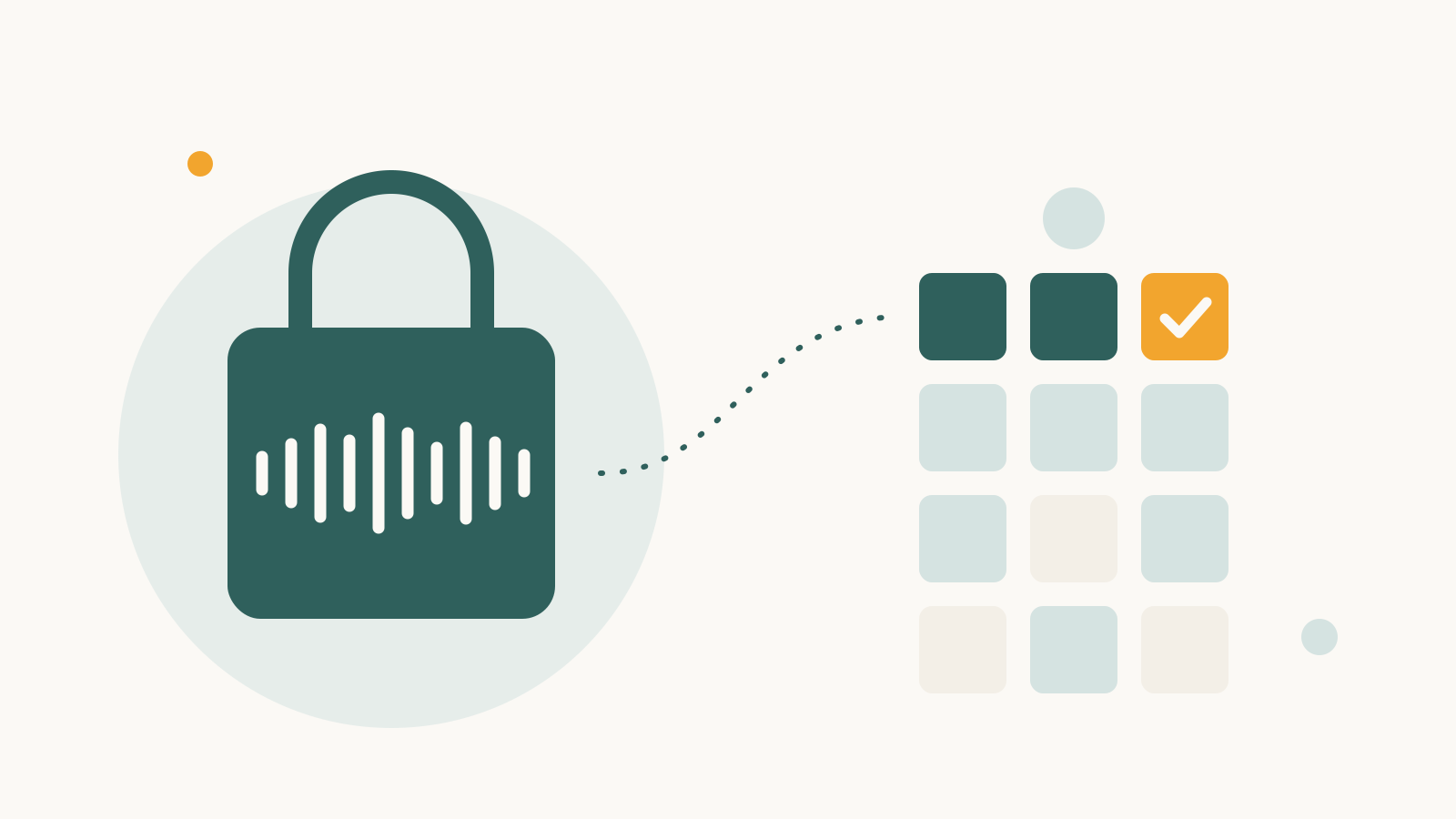 Geometric illustration of a private podcast platform comparison, with gated audio bars behind a lock and a five-criteria matrix