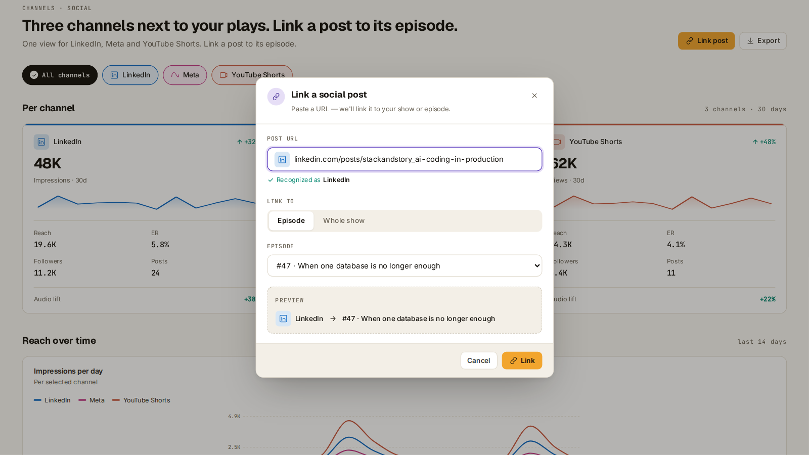 The three channels next to each other, and the step that links a post to its episode, demo show with sample data