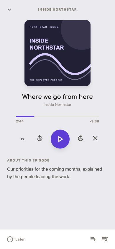 Springcast app: podcast episode with playback controls and demo content