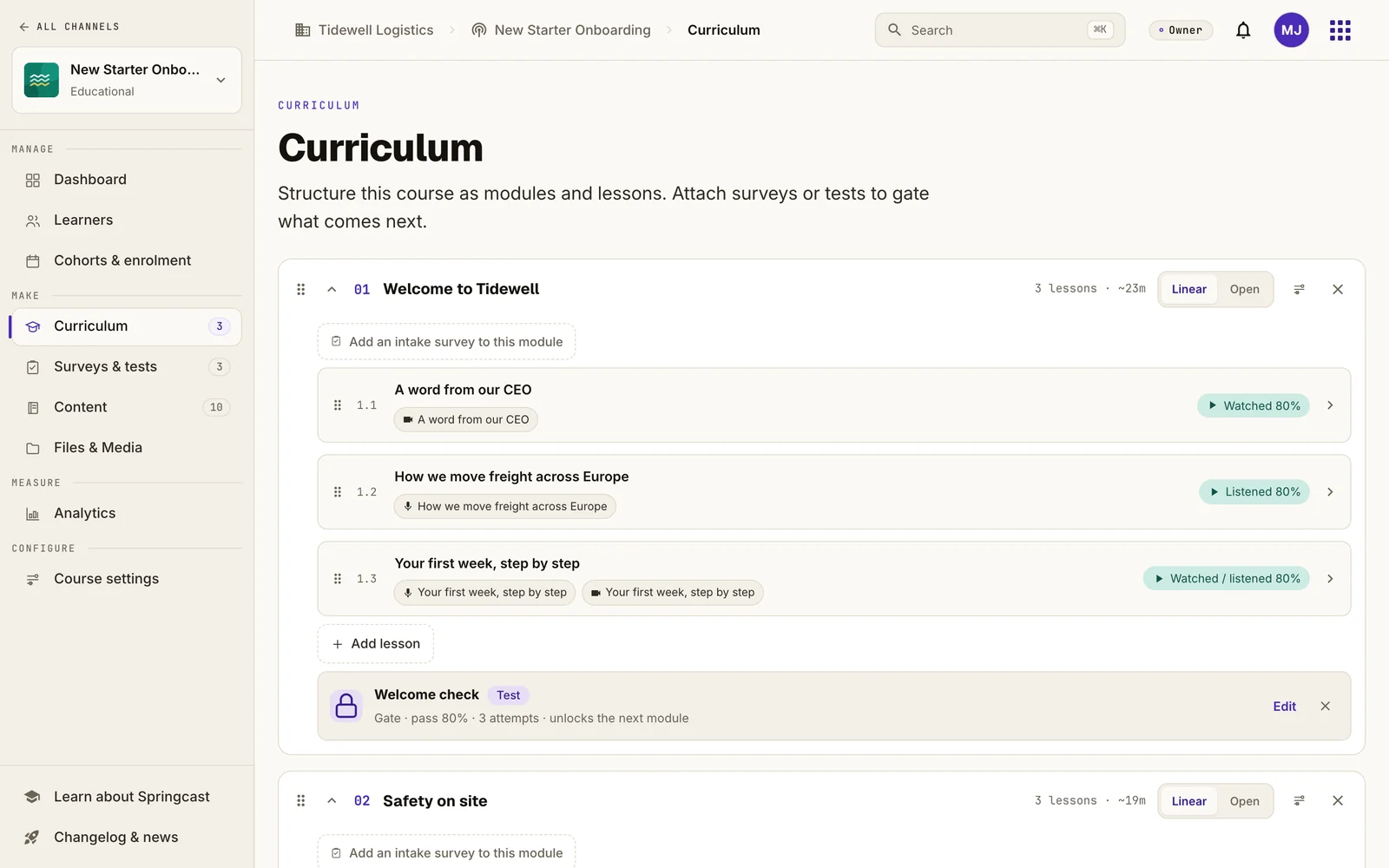 Het curriculum van de cursus New Starter Onboarding in Springcast: de module Welcome to Tidewell met drie lessen en hun afrondingsregels, gevolgd door een toets die de volgende module ontgrendelt (voorbeelddata)