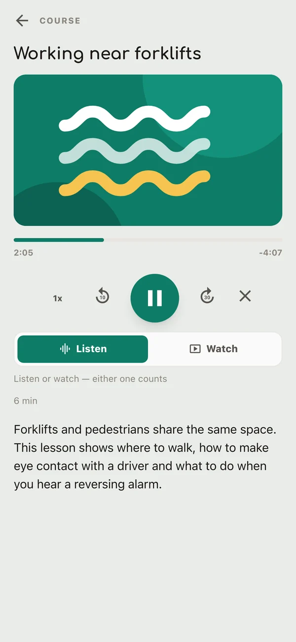 De les Working near forklifts, als audio afgespeeld in Springcast Mobile, met een voortgangsbalk, afspeelknoppen en een keuze tussen Listen en Watch (voorbeelddata)