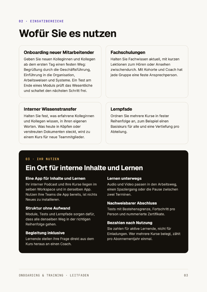 Seite aus dem deutschen Leitfaden über Onboarding, Fachschulungen, Wissenstransfer und Lernpfade