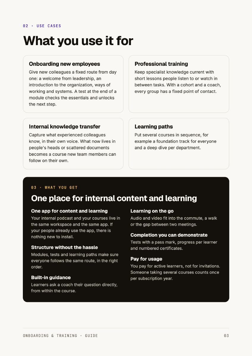 Page from the English guide about onboarding, professional training, knowledge sharing and learning paths