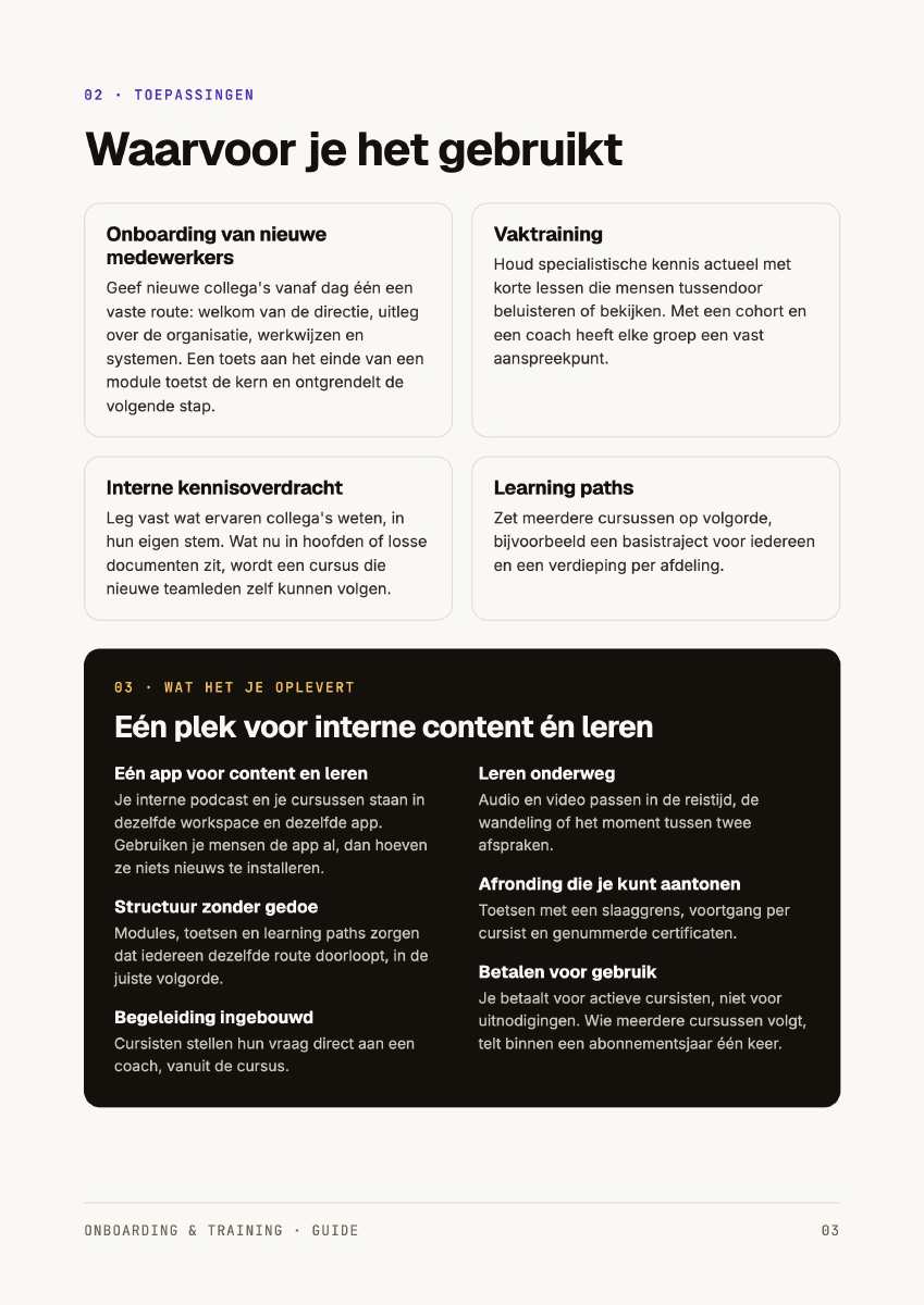 Pagina uit de Nederlandse guide over onboarding, vaktraining, interne kennisoverdracht en learning paths