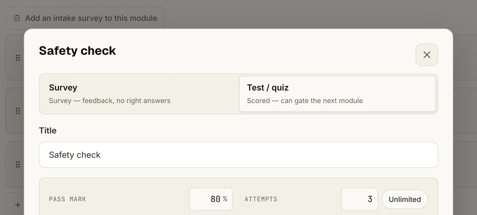 De instellingen van de toets Safety check in Springcast: het gekozen toetstype met score, het titelveld, een slaaggrens van 80% en 3 pogingen (voorbeelddata)